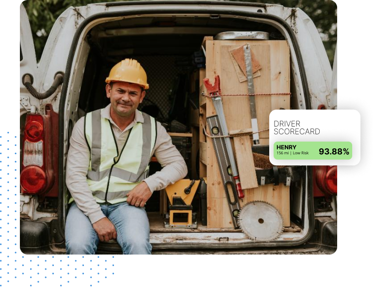 Driver sitting in the back of a van with a scorecard overlay