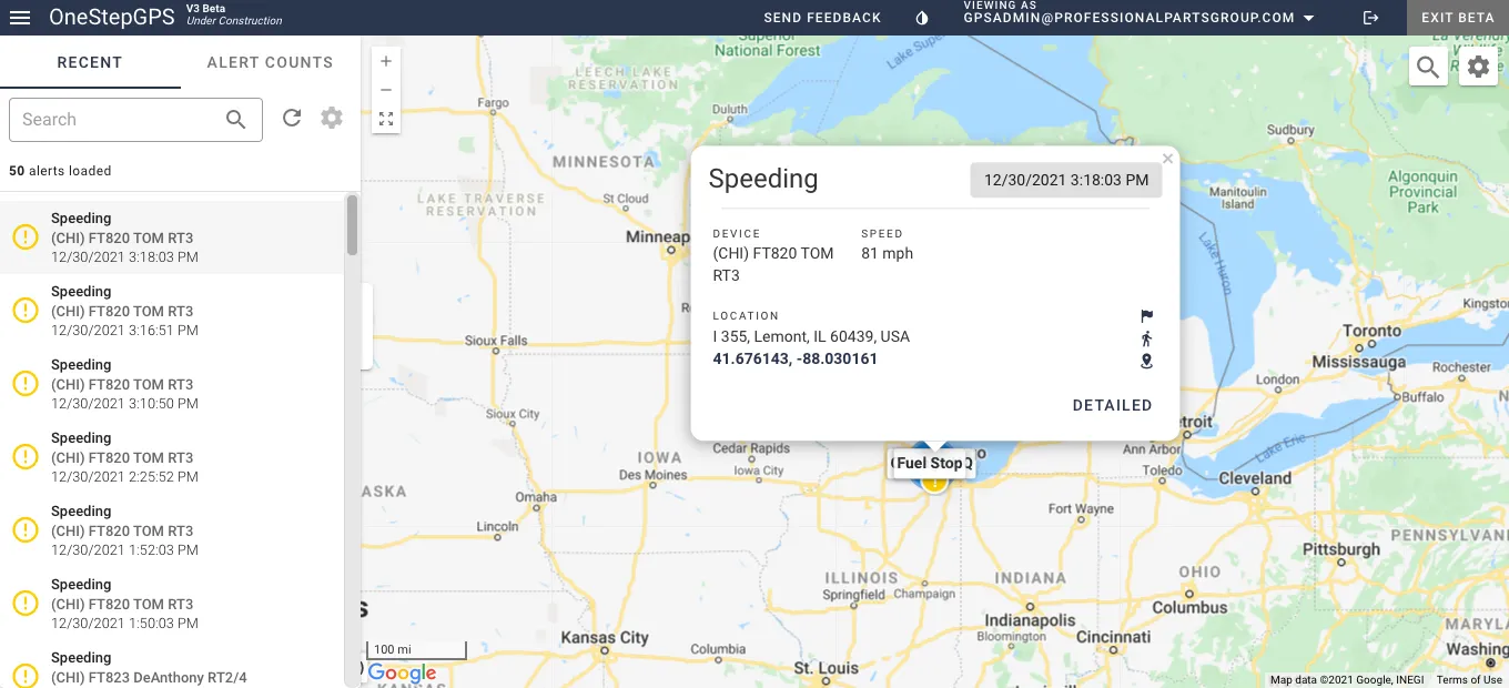 One Step GPS Dashboard showing speeding alerts